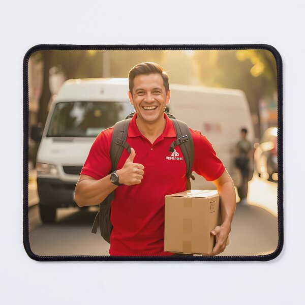 Item preview, Smiling Courier Carrying Parcel Through Golden City Street designed and sold by ArtaFutura.