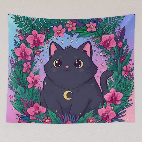 Item preview, Kawaii Mystic Black Cat with Tropical Flowers – Cute Magical Kitty Art designed and sold by Good Vibes .