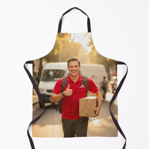 Item preview, Smiling Courier Carrying Parcel Through Golden City Street designed and sold by ArtaFutura.