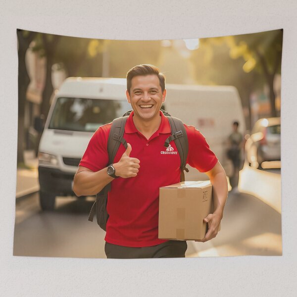 Item preview, Smiling Courier Carrying Parcel Through Golden City Street designed and sold by ArtaFutura.