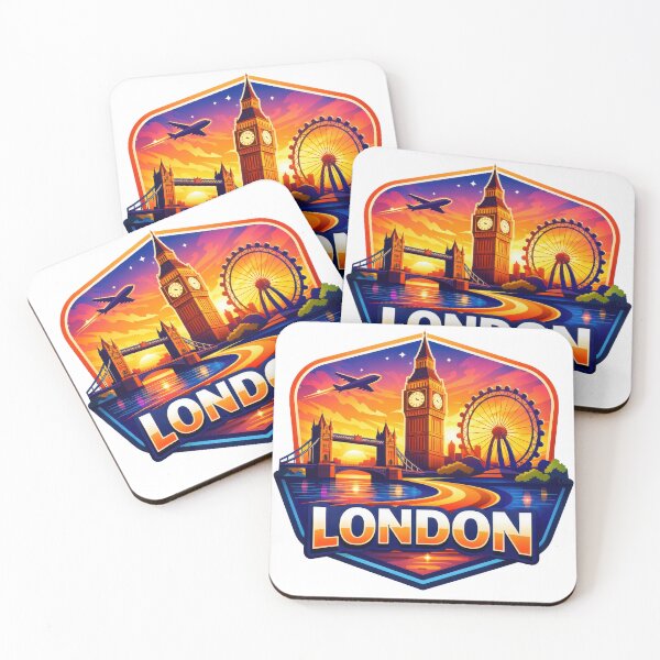 Item preview, Landmarks and skyline of London at sunset with an airplane flying in the sky and the London Eye nearby designed and sold by CreativeLarysa.