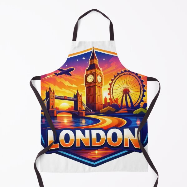 Item preview, Landmarks and skyline of London at sunset with an airplane flying in the sky and the London Eye nearby designed and sold by CreativeLarysa.