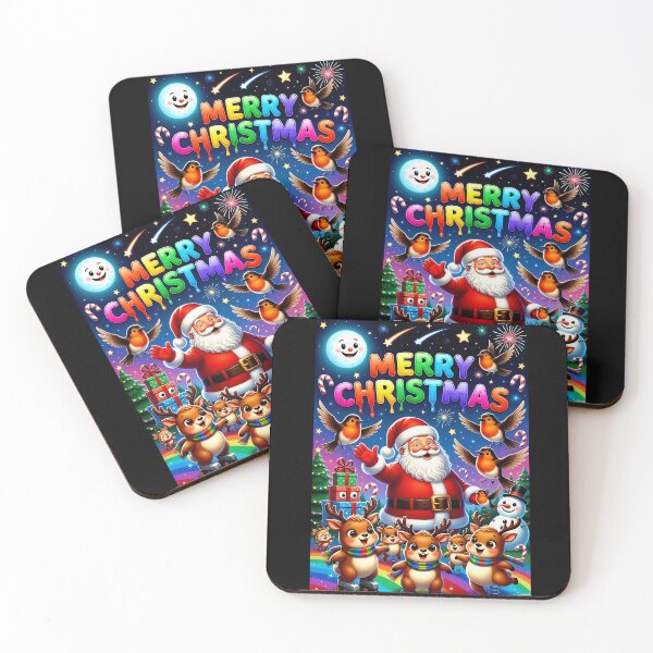 Item preview, Merry Christmas - Cute Santa with Reindeer, Robin Birds & Rainbow Festive Art designed and sold by David Brookes Digital.