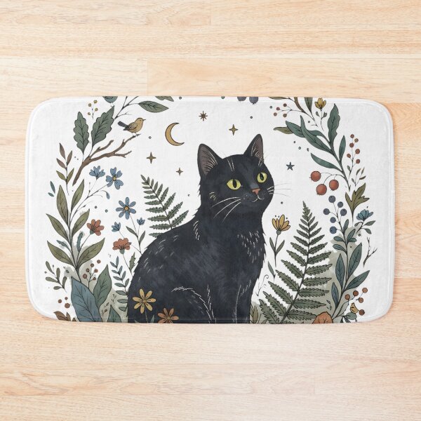 Item preview, Black Cat Forest Dweller Art - Botanical Woodland Nature Illustration designed and sold by RubisLeaf.