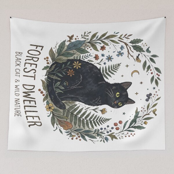 Item preview, Black Cat Forest Dweller Art - Botanical Woodland Nature Illustration designed and sold by RubisLeaf.
