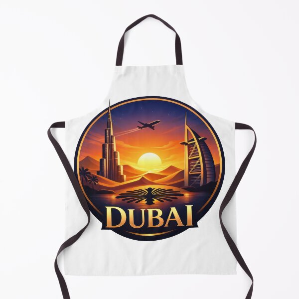 Item preview, Iconic skyline of Dubai with famous buildings and an airplane flying during sunset over sandy landscapes designed and sold by CreativeLarysa.