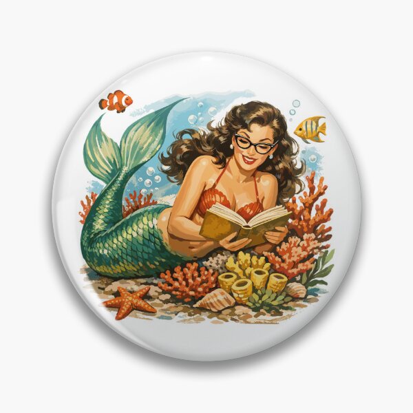 Item preview, Retro mermaid wearing glasses while reading designed and sold by Pineapple-Tree.