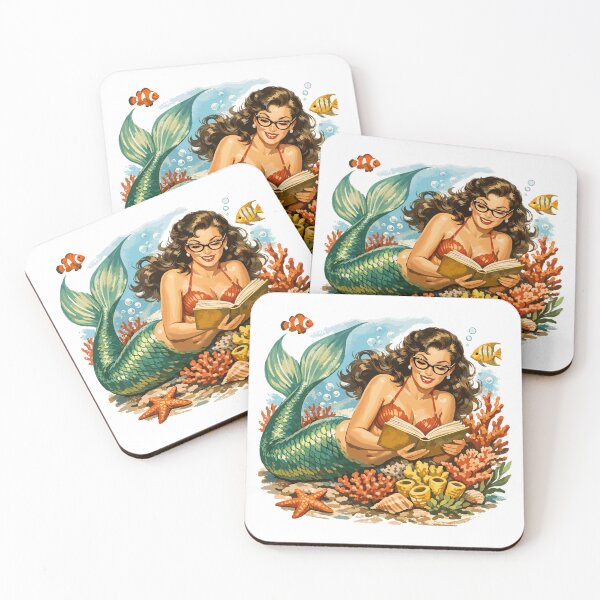 Item preview, Retro mermaid wearing glasses while reading designed and sold by Pineapple-Tree.