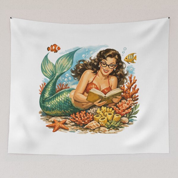 Item preview, Retro mermaid wearing glasses while reading designed and sold by Pineapple-Tree.