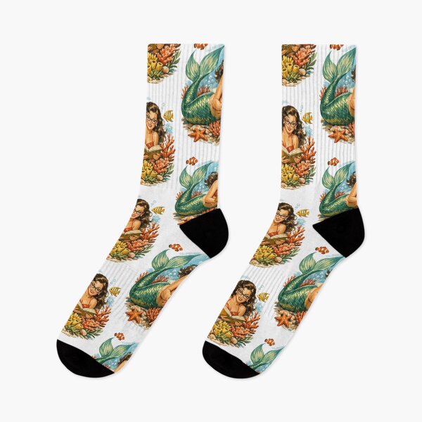 Item preview, Retro mermaid wearing glasses while reading designed and sold by Pineapple-Tree.