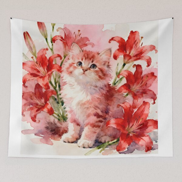 Item preview, Red Kitten Among Red Lily Blooms designed and sold by Shelley Loewnau-Jones Studio.