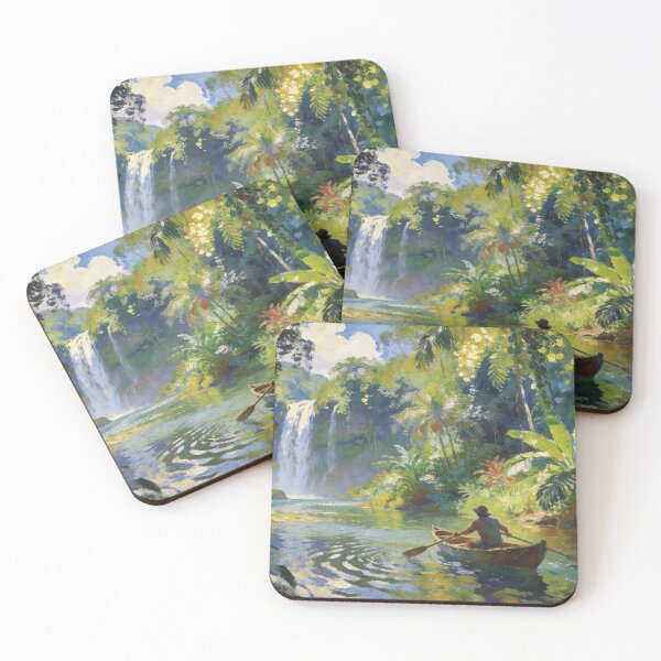 Item preview, Traveller Rowing Boat by Waterfall River, Serene Impressionism Forest Art Print designed and sold by BlareBlare.