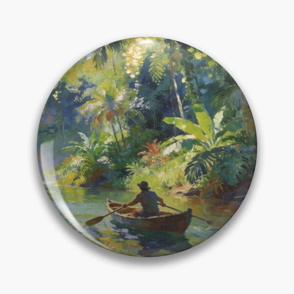 Item preview, Traveller Rowing Boat by Waterfall River, Serene Impressionism Forest Art Print designed and sold by BlareBlare.