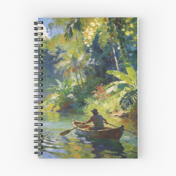 Item preview, Traveller Rowing Boat by Waterfall River, Serene Impressionism Forest Art Print designed and sold by BlareBlare.