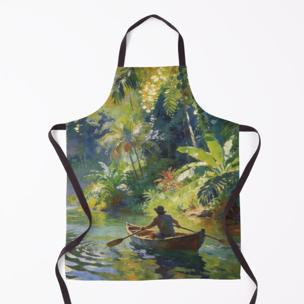 Item preview, Traveller Rowing Boat by Waterfall River, Serene Impressionism Forest Art Print designed and sold by BlareBlare.
