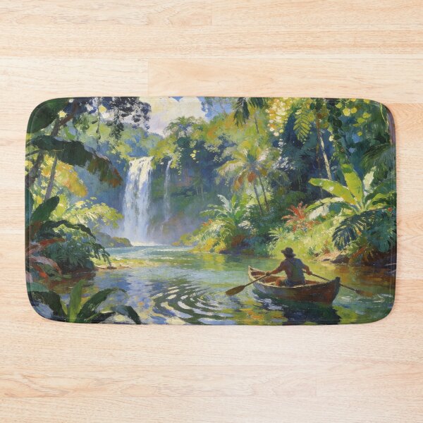 Item preview, Traveller Rowing Boat by Waterfall River, Serene Impressionism Forest Art Print designed and sold by BlareBlare.