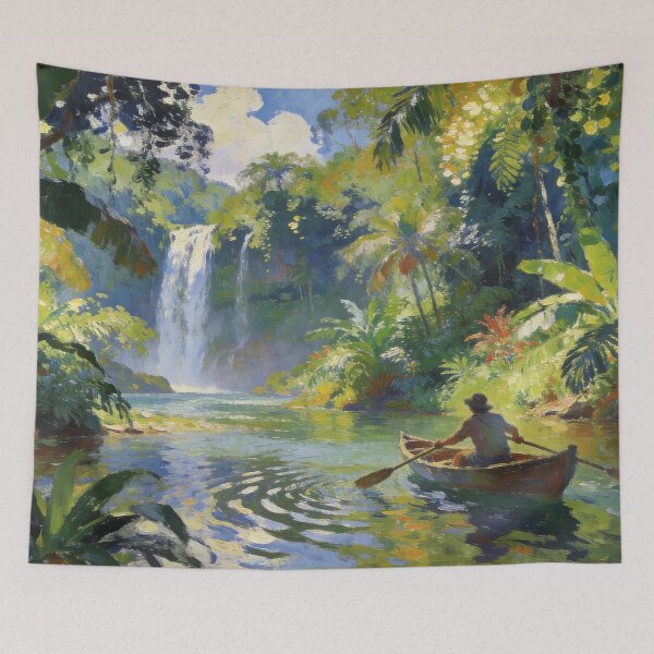 Item preview, Traveller Rowing Boat by Waterfall River, Serene Impressionism Forest Art Print designed and sold by BlareBlare.