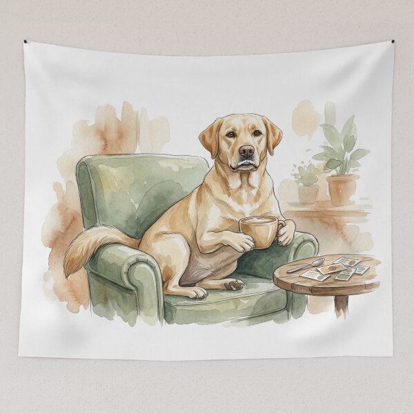 Item preview, Labrador on Couch Sipping Coffee Foam Mustache Funny Dog Art designed and sold by CulturalCurios.