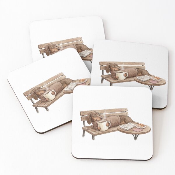 Item preview, Dachshund on Bench with Coffee Mug Cozy Illustrated Art designed and sold by CulturalCurios.