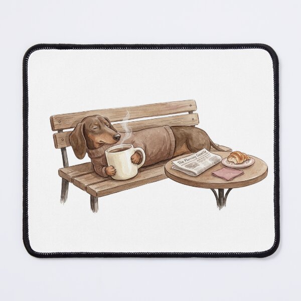 Item preview, Dachshund on Bench with Coffee Mug Cozy Illustrated Art designed and sold by CulturalCurios.