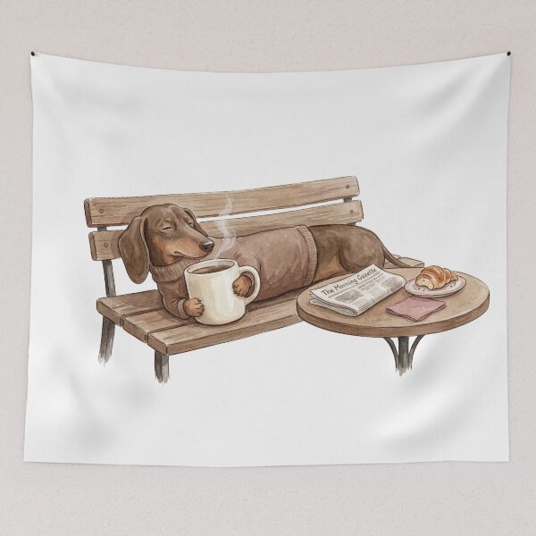 Item preview, Dachshund on Bench with Coffee Mug Cozy Illustrated Art designed and sold by CulturalCurios.