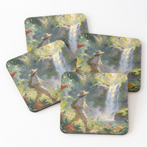 Item preview, Enchanted Rainforest with Birds & Waterfall, Whimsical Impressionist Travel Art designed and sold by BlareBlare.