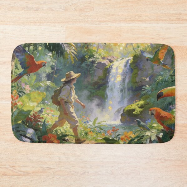 Item preview, Enchanted Rainforest with Birds & Waterfall, Whimsical Impressionist Travel Art designed and sold by BlareBlare.