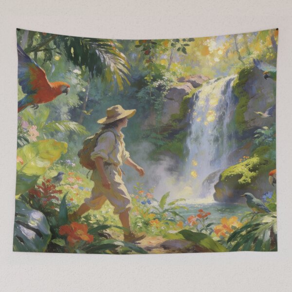 Item preview, Enchanted Rainforest with Birds & Waterfall, Whimsical Impressionist Travel Art designed and sold by BlareBlare.