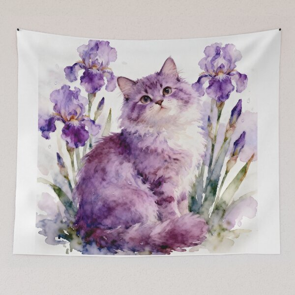 Item preview, Purple Cat Among Purple Iris Blooms designed and sold by Shelley Loewnau-Jones Studio.