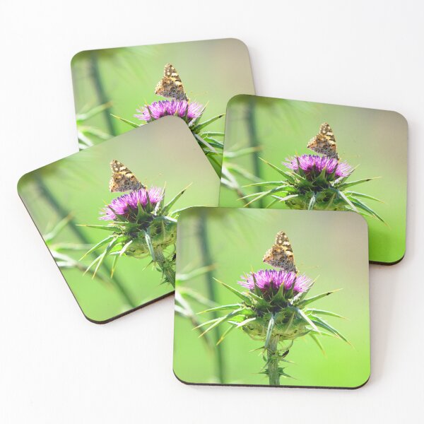 Artikelvorschau, Butterfly on Thistle Flower – Macro Nature Photography Aesthetic Green Background Wall Art entworfen und verkauft von onubi.