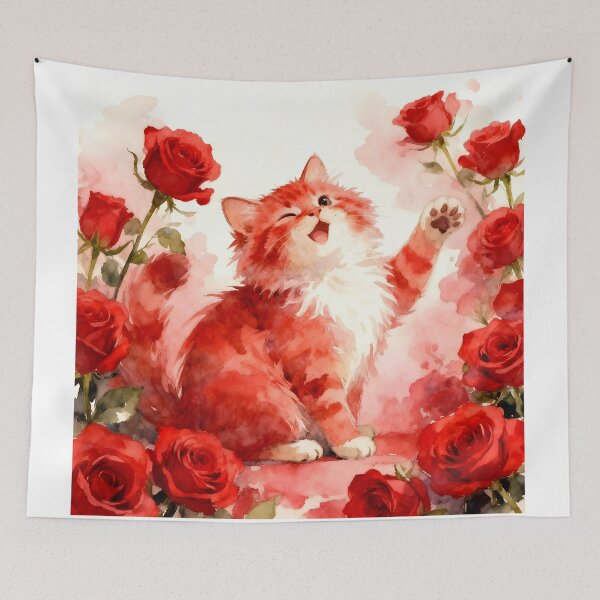 Item preview, Red Kitten Among Red Roses designed and sold by Shelley Loewnau-Jones Studio.