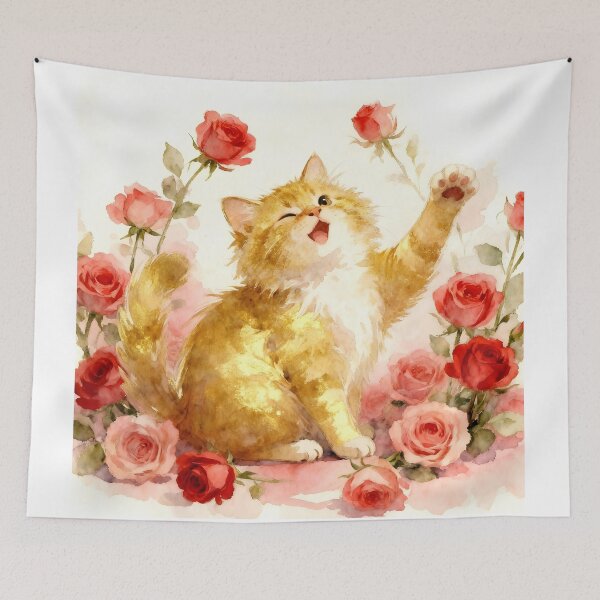 Item preview, Ginger Kitten Among Red and Pink Roses designed and sold by Shelley Loewnau-Jones Studio.