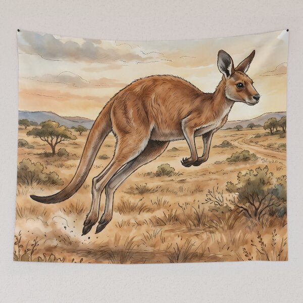 Item preview, Jumping Kangaroo Watercolor Art - Australian Outback Sunset designed and sold by RubisLeaf.