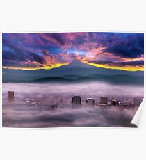 Dramatic colorful sunrise over Mount Hood and foggy Portland OR city downtown Poster