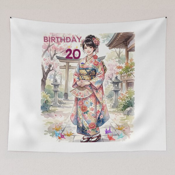 Item preview, Elegant young in kimono for a 20th birthday celebration in a Japanese garden. designed and sold by VibranPalette.