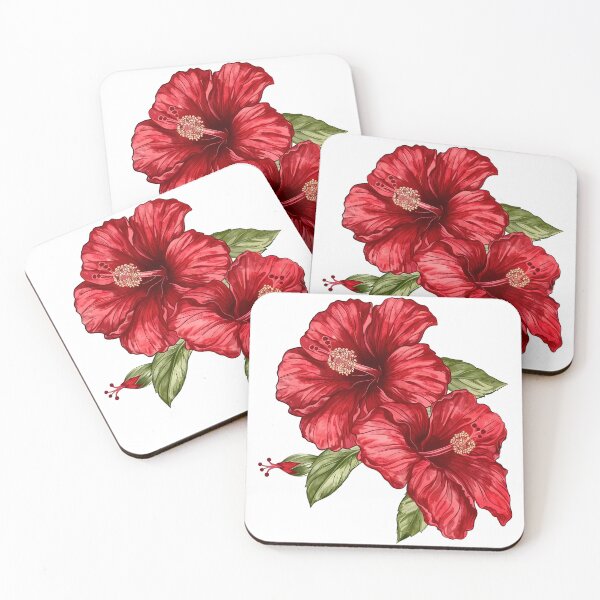 Item preview, Red Hibiscus Flowers with Green Leaves - Tropical Floral Art Print designed and sold by DesignArtist.ia.