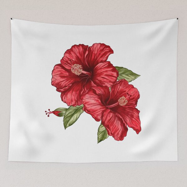 Item preview, Red Hibiscus Flowers with Green Leaves - Tropical Floral Art Print designed and sold by DesignArtist.ia.
