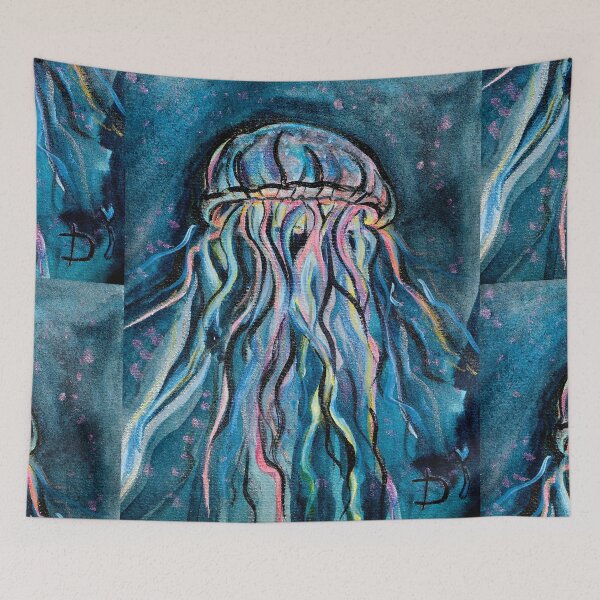 Item preview, Aesthetic watercolor painting of a colorful shiny sea jellyfish designed and sold by Dilyana Rumenova - Shantabella.