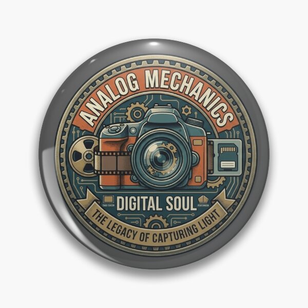 Item preview, Analog Mechanics, Digital Soul: The Legacy of Capturing Light Retro Camera Badge designed and sold by FarDesign.