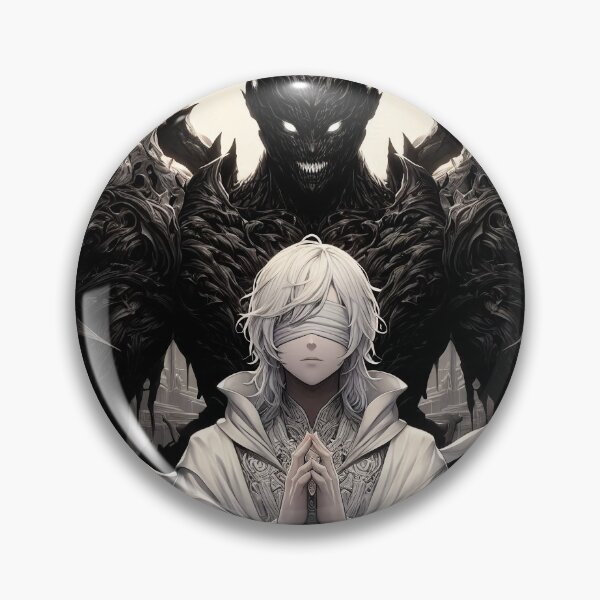 Item preview, The Saint's Shadow: Monochromatic Blindfolded Anime Figure Praying with Looming Grotesque Demon designed and sold by MouradStudio.