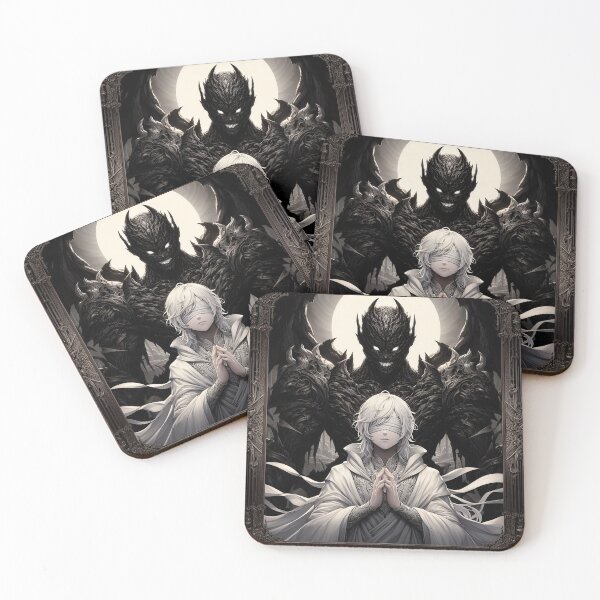 Item preview, The Saint's Shadow: Monochromatic Blindfolded Anime Figure Praying with Looming Grotesque Demon designed and sold by MouradStudio.