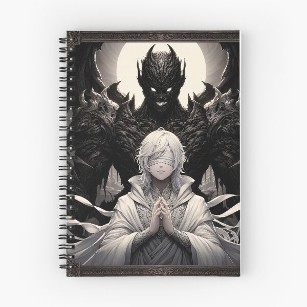 Item preview, The Saint's Shadow: Monochromatic Blindfolded Anime Figure Praying with Looming Grotesque Demon designed and sold by MouradStudio.