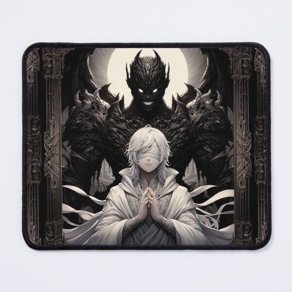 Item preview, The Saint's Shadow: Monochromatic Blindfolded Anime Figure Praying with Looming Grotesque Demon designed and sold by MouradStudio.