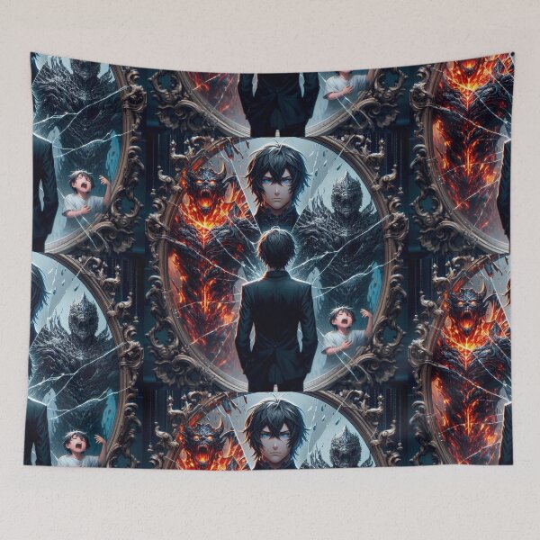 Item preview, Fragments of a Fractured Self: Anime Psychological Art of a Man Confronting Inner Demons, Childhood Trauma, and Fire-Eyed Monster in a Shattered Mirror designed and sold by MouradStudio.