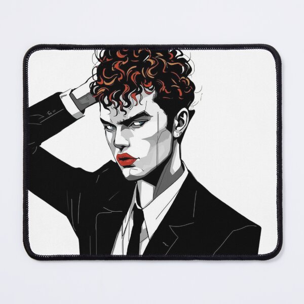 Item preview, Dark Editorial Fashion Illustration — Androgynous Comic Art Portrait Bold Red Lips Black Suit Gender Fluid Art Print designed and sold by Sixième Studio.