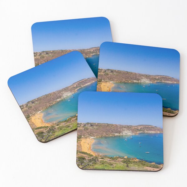 Item preview, Secluded Sandy Beach and Turquoise Bay With Cliffs and Boats Overlooking Sunny Coastal Landscape designed and sold by Nmallia.