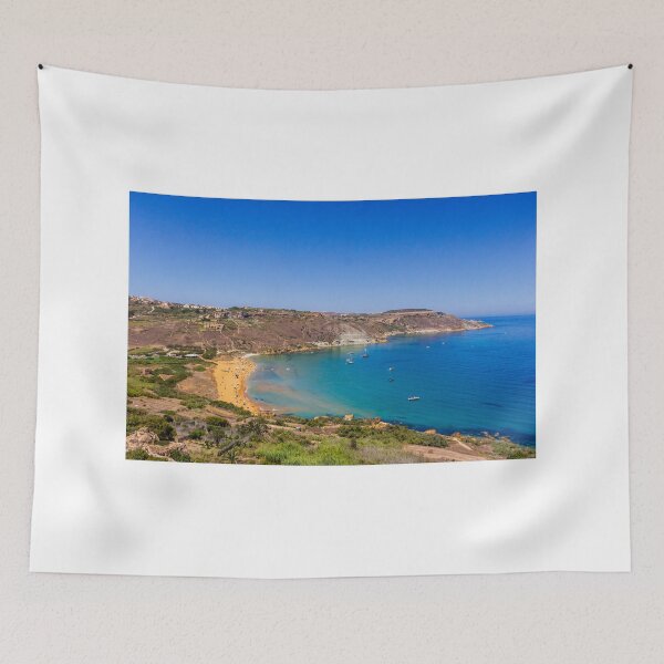 Item preview, Secluded Sandy Beach and Turquoise Bay With Cliffs and Boats Overlooking Sunny Coastal Landscape designed and sold by Nmallia.