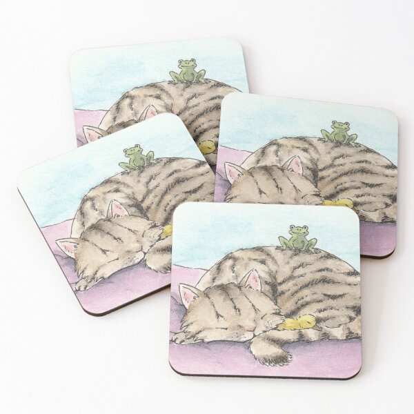 Item preview, Sleeping cat with duck and frog Watercolour Illustration designed and sold by Amy Tuff.