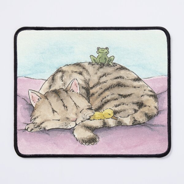 Item preview, Sleeping cat with duck and frog Watercolour Illustration designed and sold by Amy Tuff.