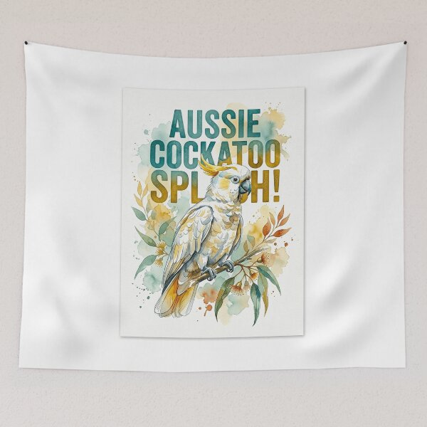 Item preview, UHD Sulphur-crested Cockatoo Eucalyptus Watercolor Art designed and sold by ABArtByAlexST.